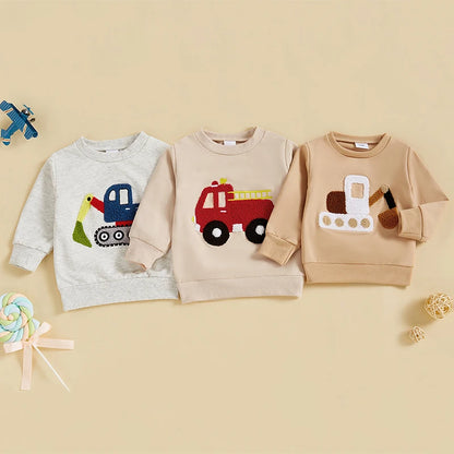 Toddler Boys Autumn Sweatshirts Long Sleeve Round Neck Excavator/ Truck Embroidery Pullover Spring Top Baby Clothes