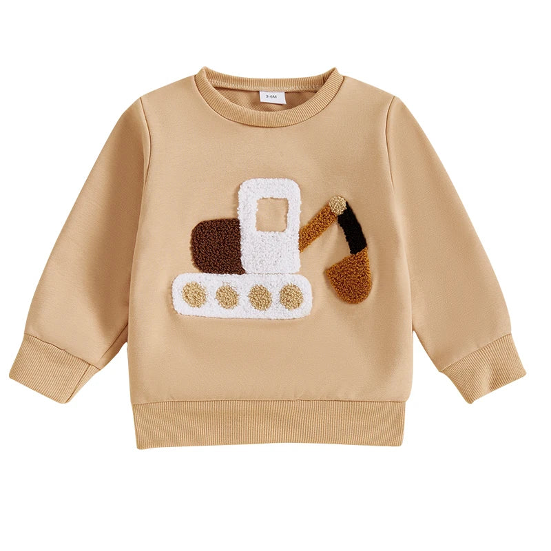 Toddler Boys Autumn Sweatshirts Long Sleeve Round Neck Excavator/ Truck Embroidery Pullover Spring Top Baby Clothes