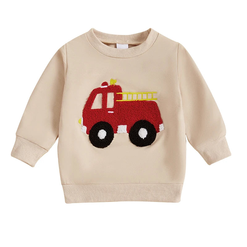 Toddler Boys Autumn Sweatshirts Long Sleeve Round Neck Excavator/ Truck Embroidery Pullover Spring Top Baby Clothes