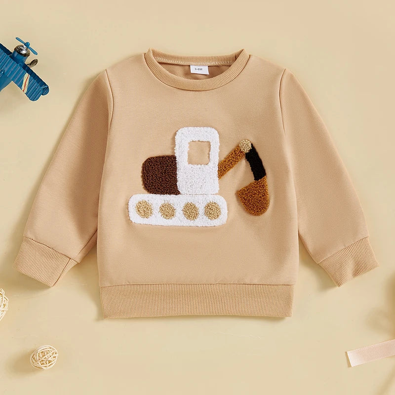 Toddler Boys Autumn Sweatshirts Long Sleeve Round Neck Excavator/ Truck Embroidery Pullover Spring Top Baby Clothes