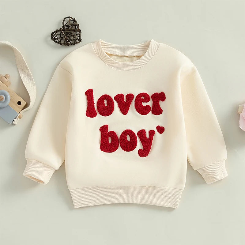 Spring Valentine's Day Kids Toddler Boys Sweatshirts Long Sleeve Letter Embroidery Pullovers Tops Clothes