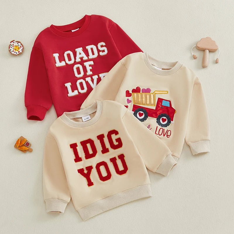 Toddler Baby Boys Girls Sweatshirts Long Sleeve Spring Autumn Pullover For Valentine's Day Letter Embroidery Sweatshirts Tops