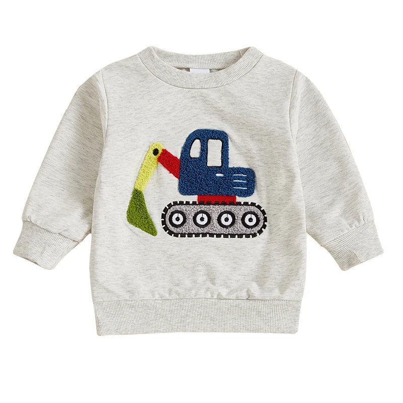 Toddler Boys Autumn Sweatshirts Long Sleeve Round Neck Excavator/ Truck Embroidery Pullover Spring Top Baby Clothes